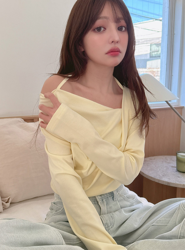 ワンショルダーホルターネックドレープトップス