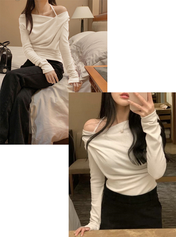 ワンショルダーホルターネックドレープトップス