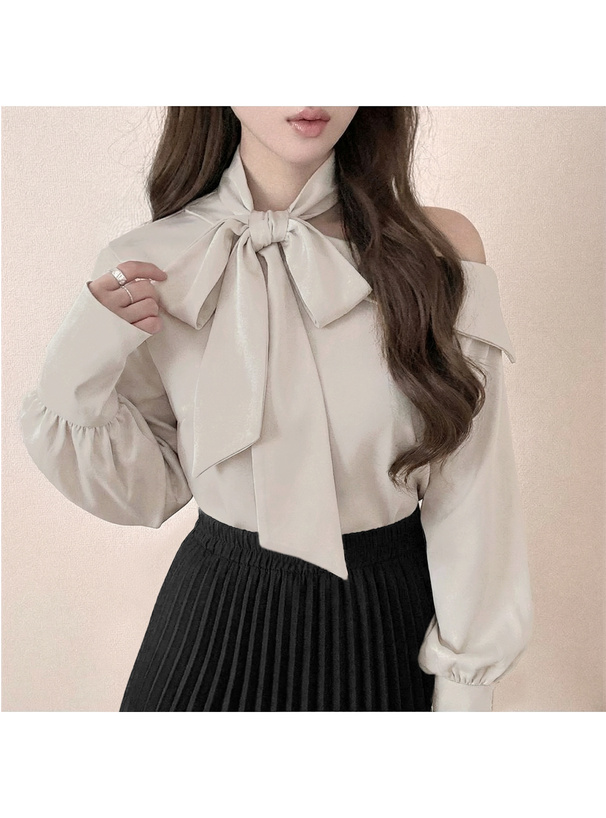 ネックリボンアシンメトリーワンショルダートップス