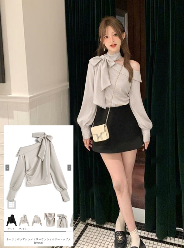ネックリボンアシンメトリーワンショルダートップス