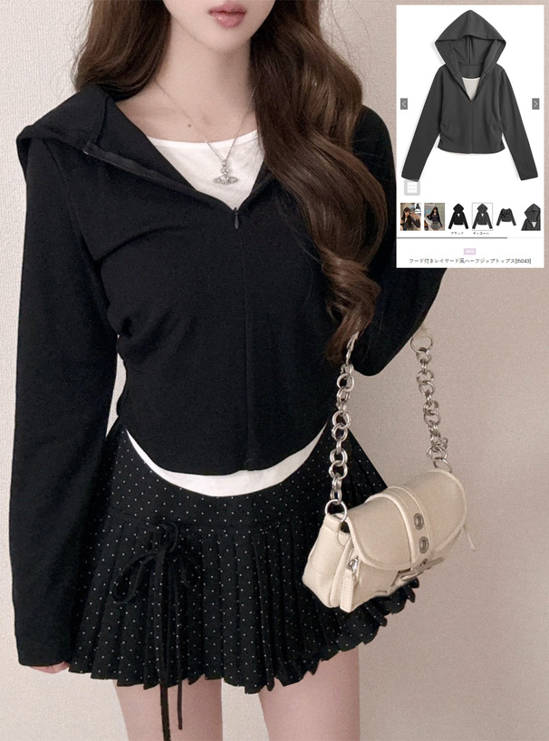 フード付きレイヤード風ハーフジップトップス