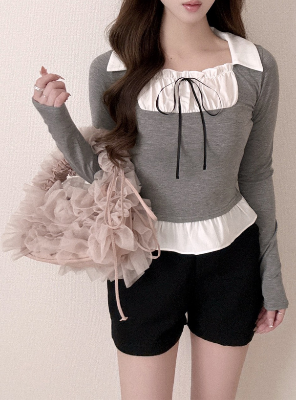 シャツドッキングリボンフリルトップス