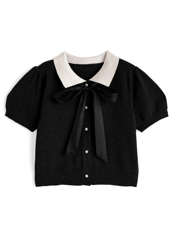 リボンタイ付きビジューボタンニットカーディガン[th050]