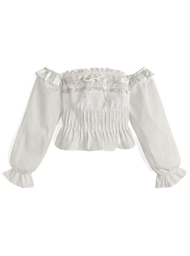 タックフリルレースリボンオフショルダーブラウス