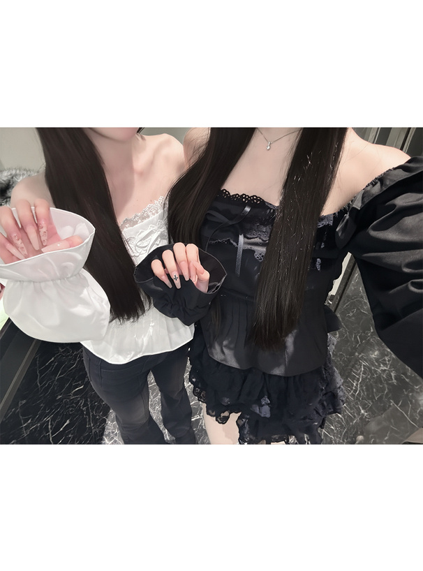 タックフリルレースリボンオフショルダーブラウス