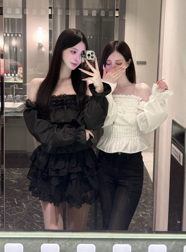 タックフリルレースリボンオフショルダーブラウス