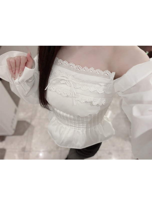 タックフリルレースリボンオフショルダーブラウス