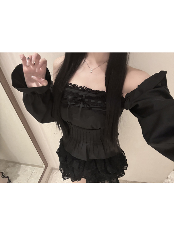 タックフリルレースリボンオフショルダーブラウス