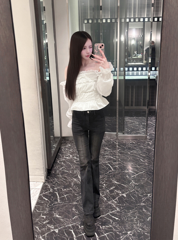 タックフリルレースリボンオフショルダーブラウス