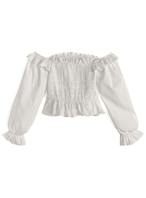 タックフリルレースリボンオフショルダーブラウス