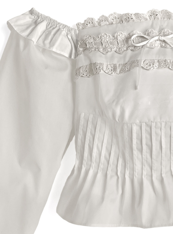 タックフリルレースリボンオフショルダーブラウス