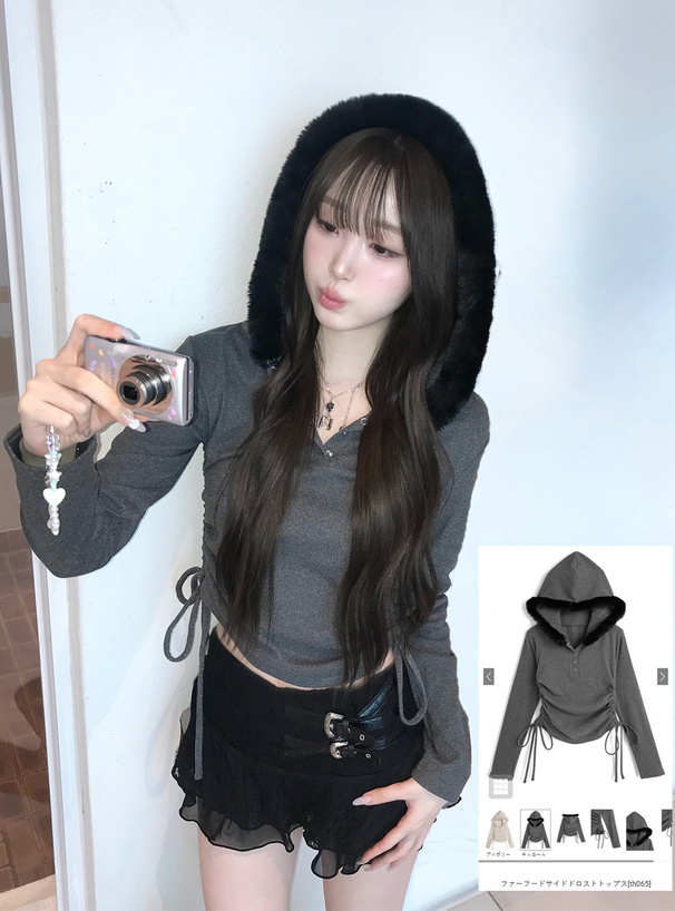 ファーフードサイドドロストトップス