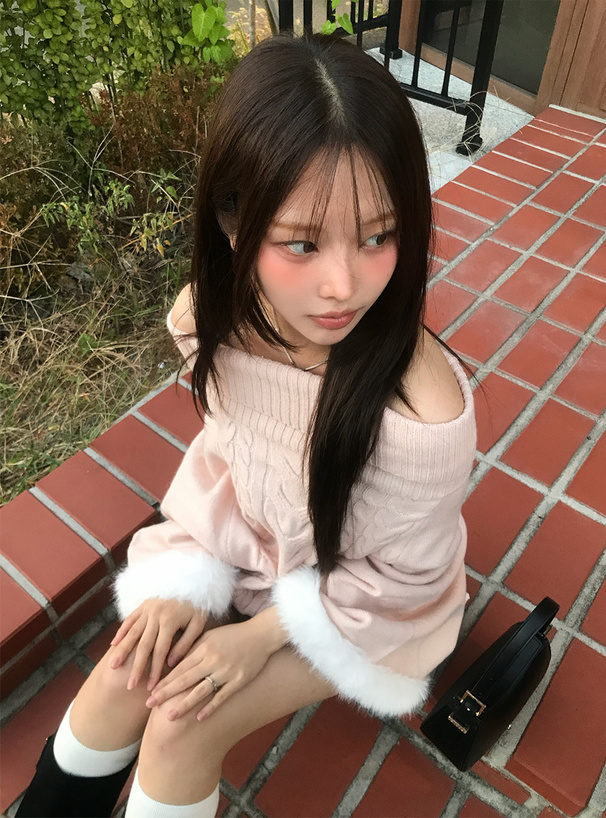 2Wayファースリーブケーブル編みニットトップス