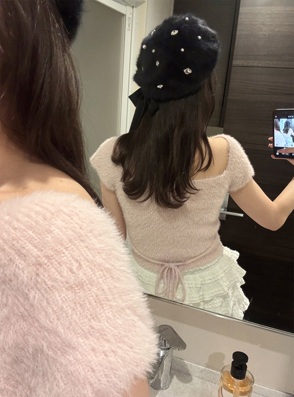 バックリボンスクエアネックシャギーニットトップス