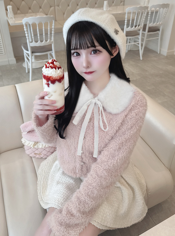 ティペット付きパールボタンシャギーカーディガン