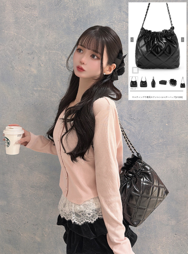 キルティング巾着風エナメルショルダーバッグ