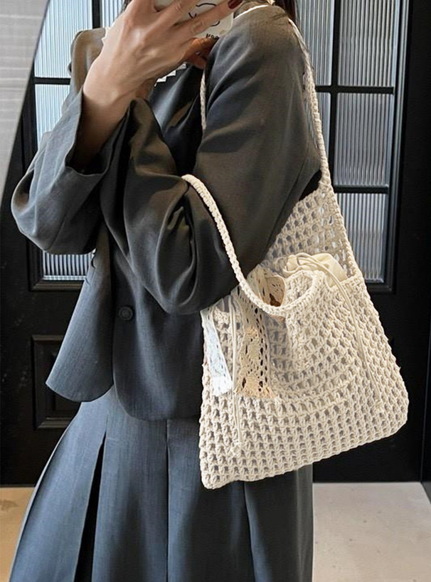 リボン・巾着付きかぎ編みバッグ