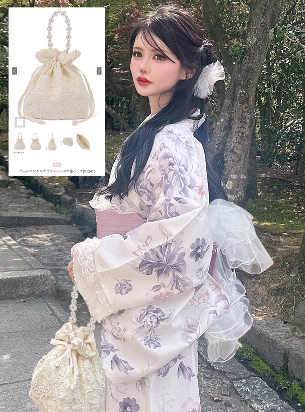 パールハンドルフラワーレース巾着バッグ