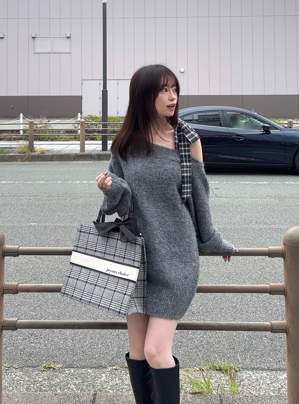 2Way千鳥格子柄ツイードリボンスクエアバッグ