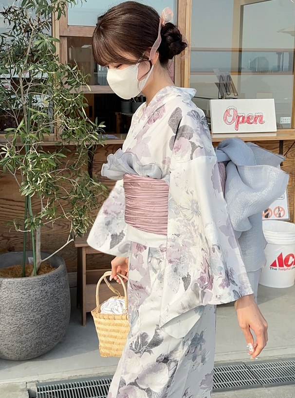 花柄刺繍巾着付きスクエアかごバッグ