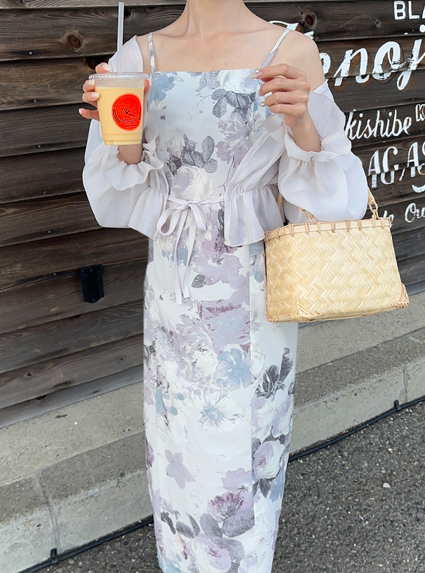 花柄刺繍巾着付きスクエアかごバッグ
