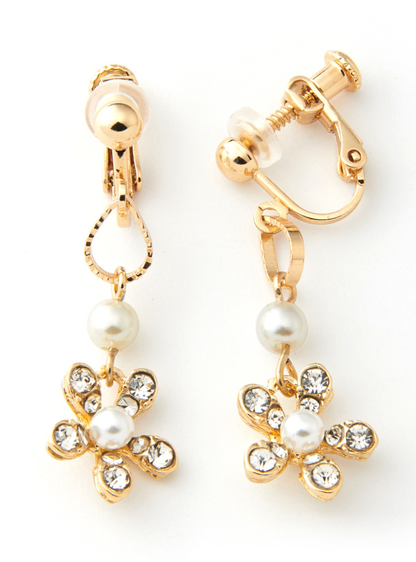 パール花モチーフイヤリング パールラインストーンフラワーイヤリング[ts496] | レディース