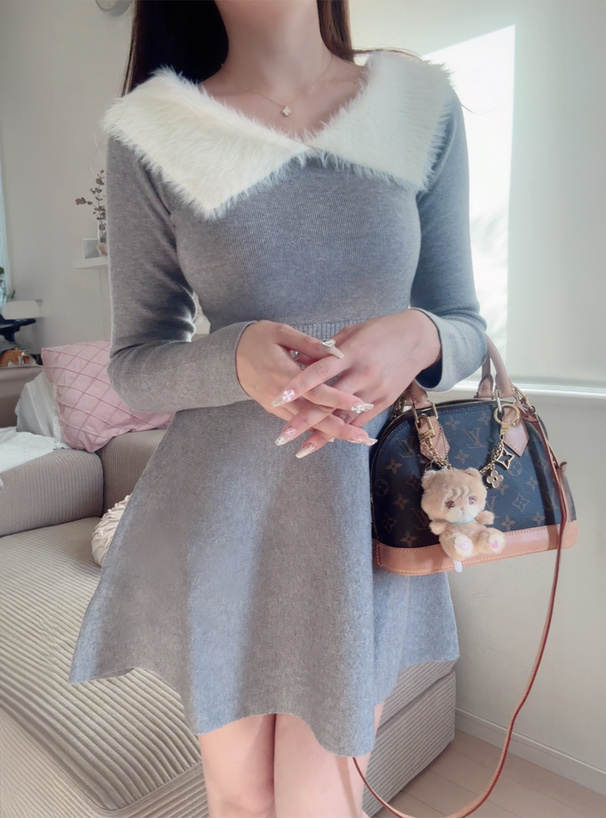 フェザーオフショルカラーフレアニットミニワンピース[tu1276