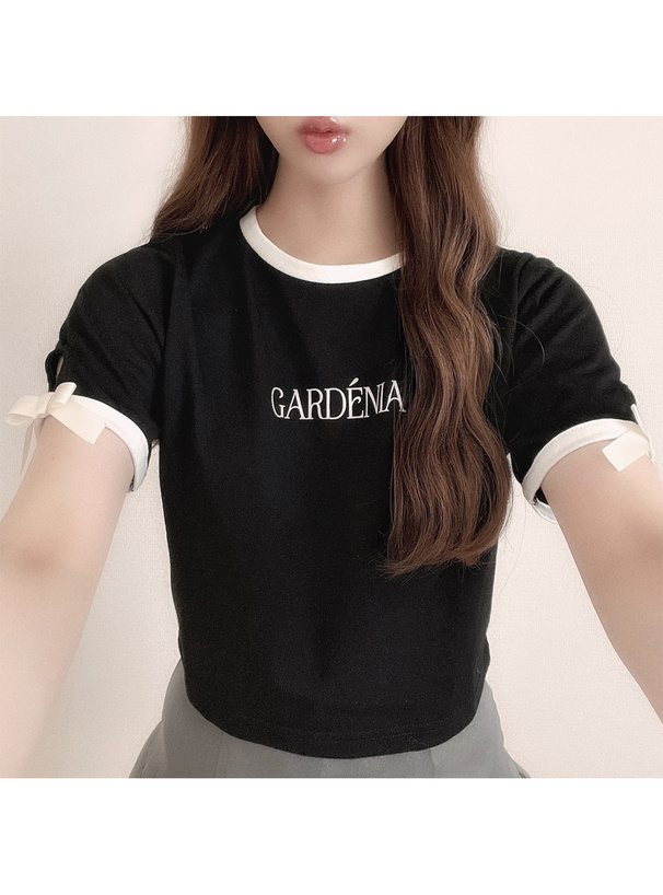 袖リボン配色ロゴTシャツ