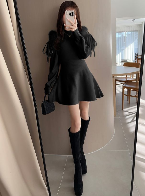 チュールショルダーファーフレアニットミニワンピース