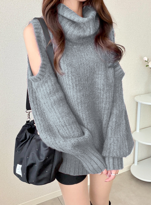 ショルダーオープンハイネックニットトップス