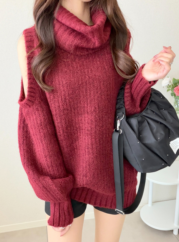 ショルダーオープンハイネックニットトップス