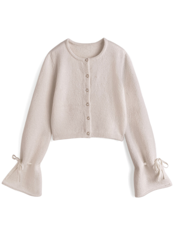 リボンスリーブショート丈ニットカーディガン