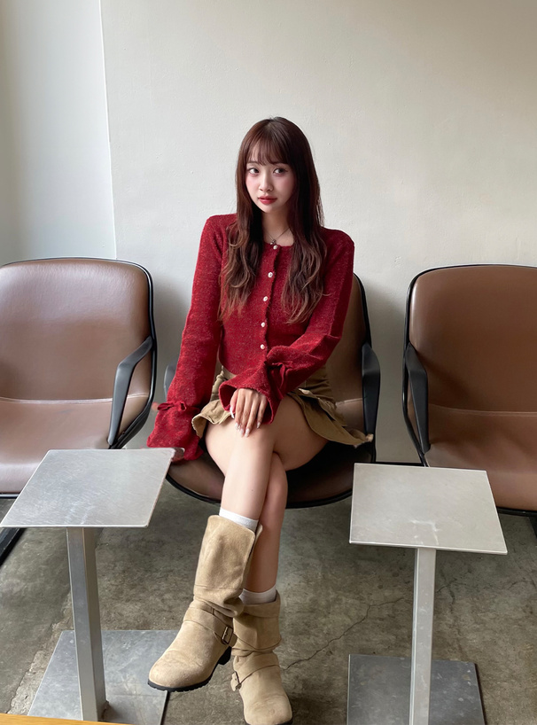 リボンスリーブショート丈ニットカーディガン