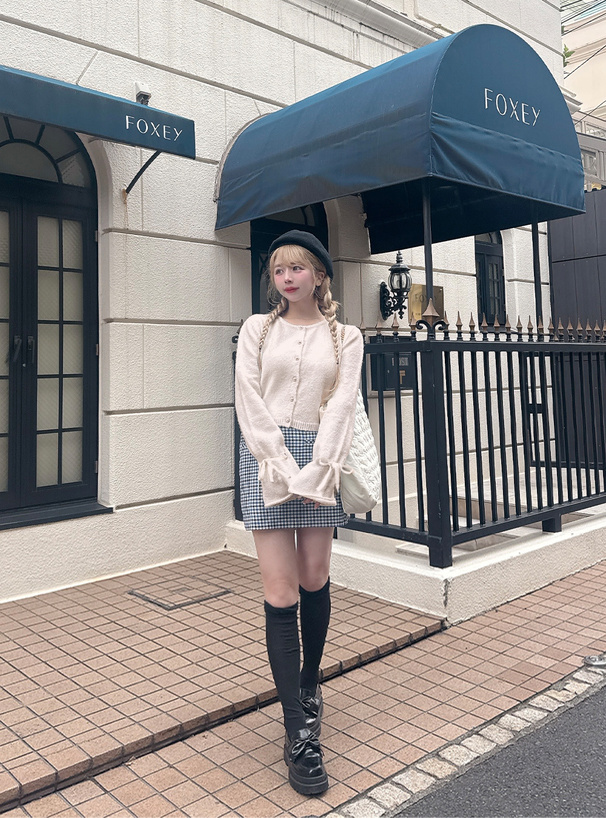 リボンスリーブショート丈ニットカーディガン