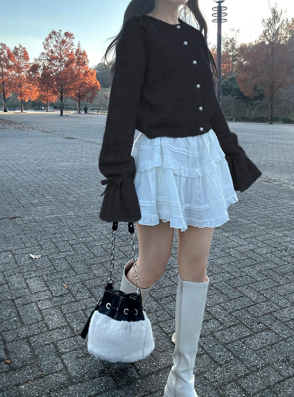 リボンスリーブショート丈ニットカーディガン