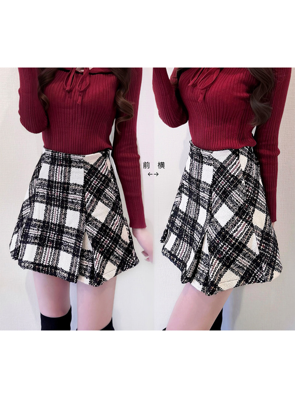 インパン裏地付きチェック柄ラメツイードミニスカート[tu1509