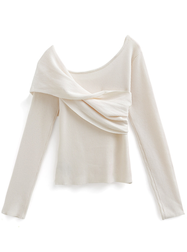 クロスドレープリブニットトップス