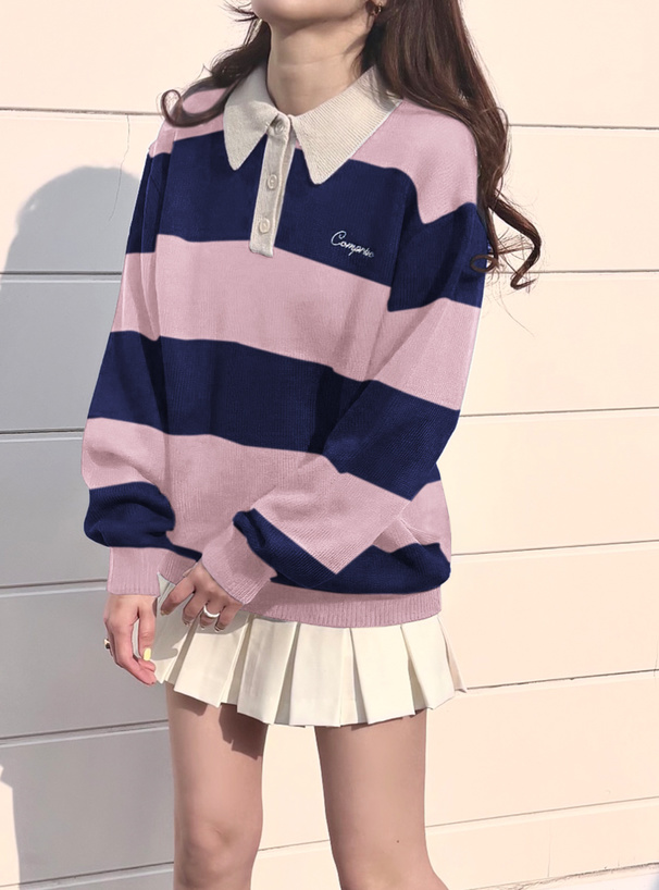 ロゴ刺繍ボーダー柄ニットポロシャツ