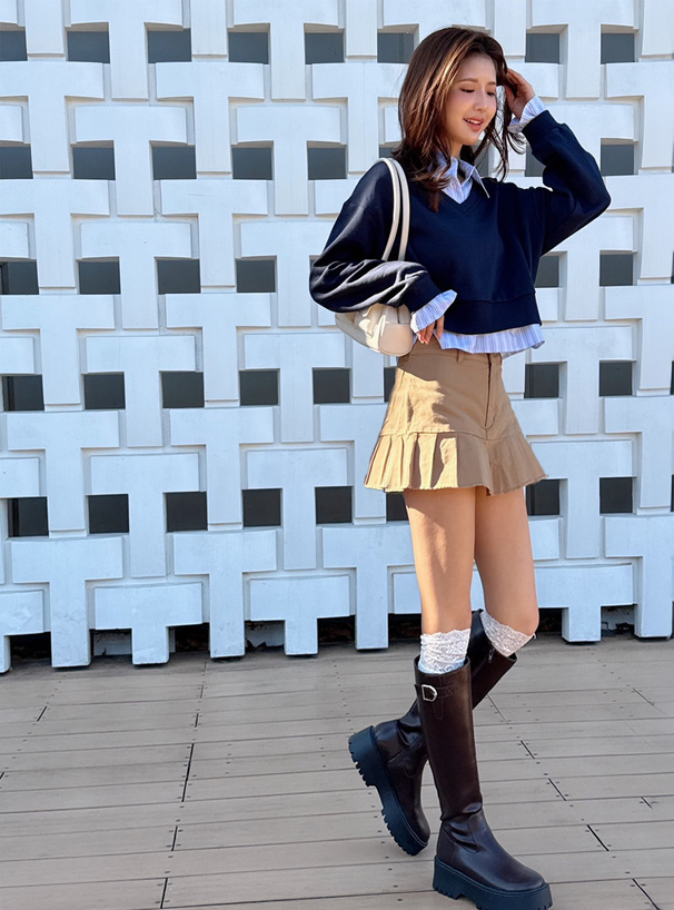 ストライプ柄シャツドッキングスウェットトップス