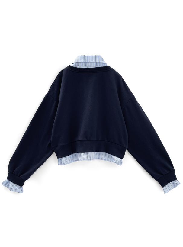 ストライプ柄シャツドッキングスウェットトップス