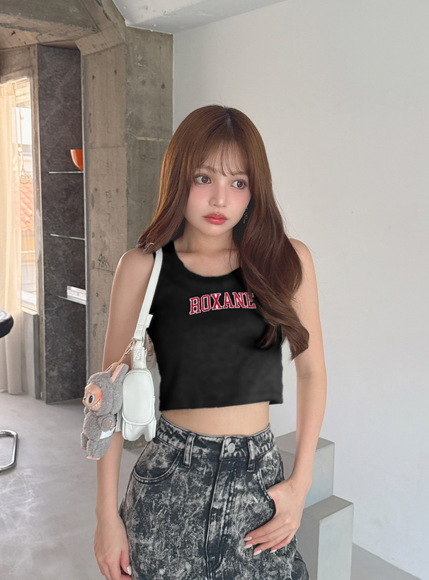 カップ付ロゴ刺繍クロップド丈テレコタンクトップ[tu1562