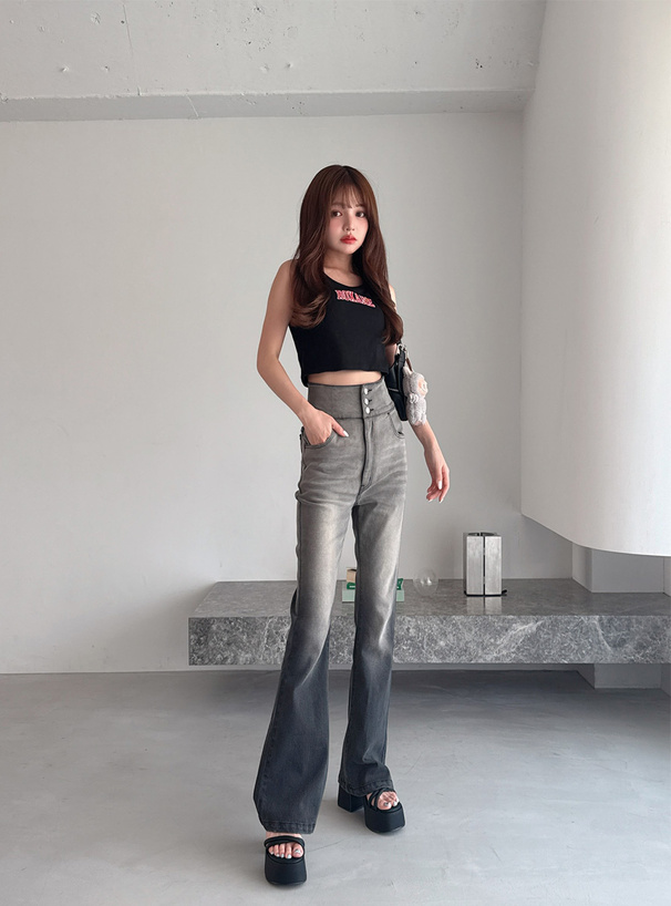 カップ付ロゴ刺繍クロップド丈テレコタンクトップ[tu1562