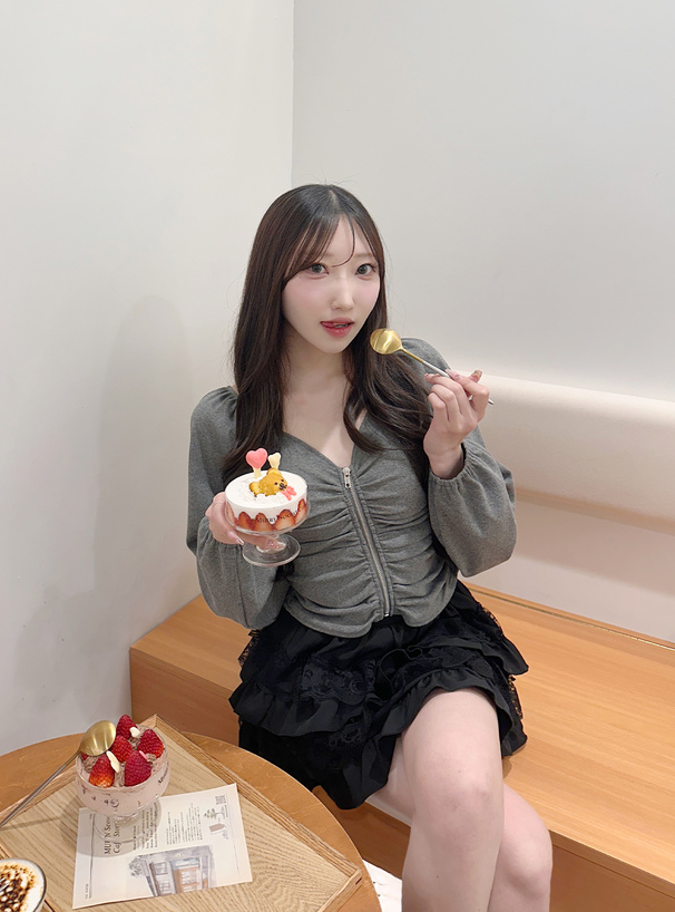 シャーリングVネックジップテレコトップス[tu1565] | レディース