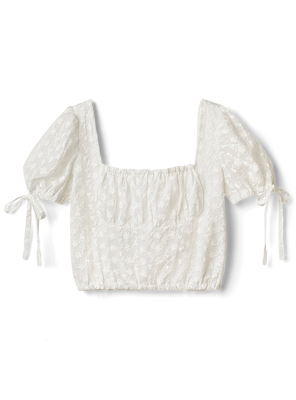 花刺繍スクエアネックリボンパワショルダーブラウス