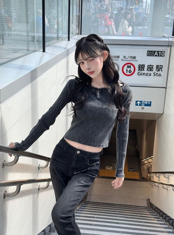 レースフリルオフショルリブトップス