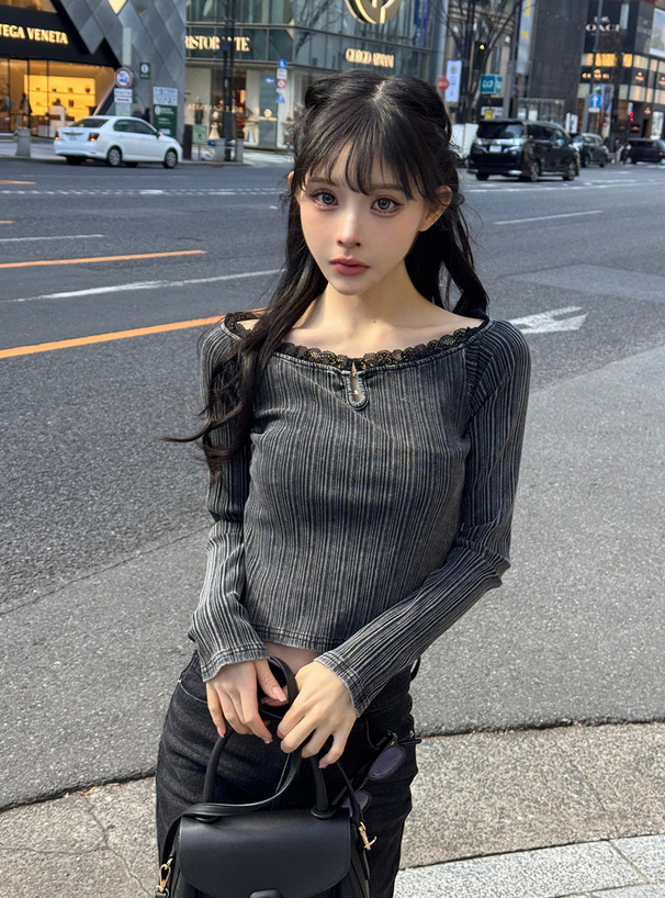レースフリルオフショルリブトップス
