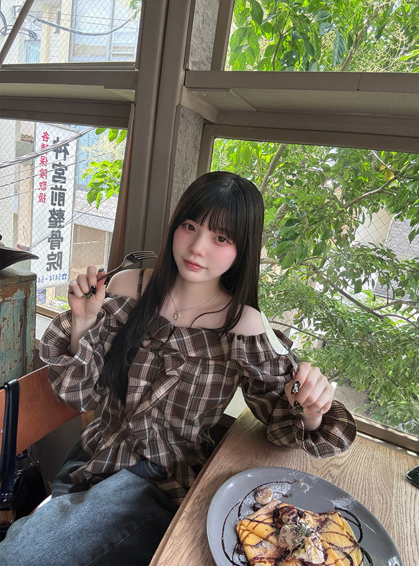 チェック柄オフショルダーラッフルフリルブラウス[tu1576