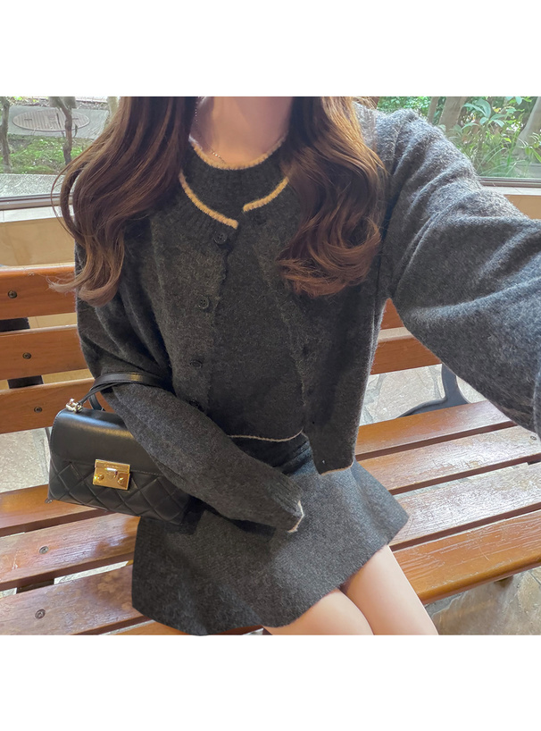 配色カーディガン×トップス×ミニスカートニットセットアップ[tu1583