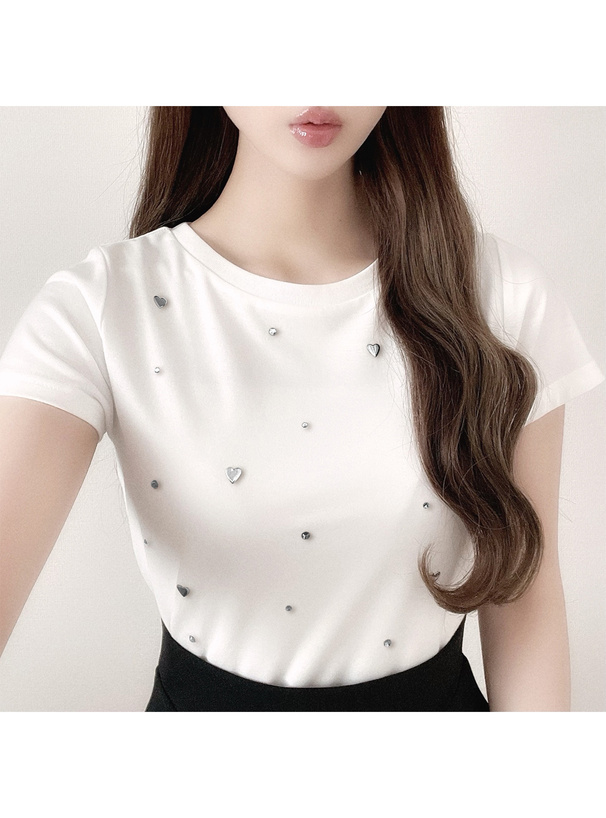 ハートビジューショート丈Tシャツ