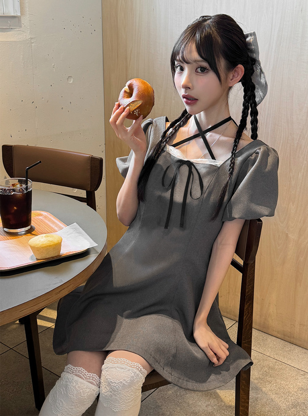 リボンバルーンスリーブミニワンピース